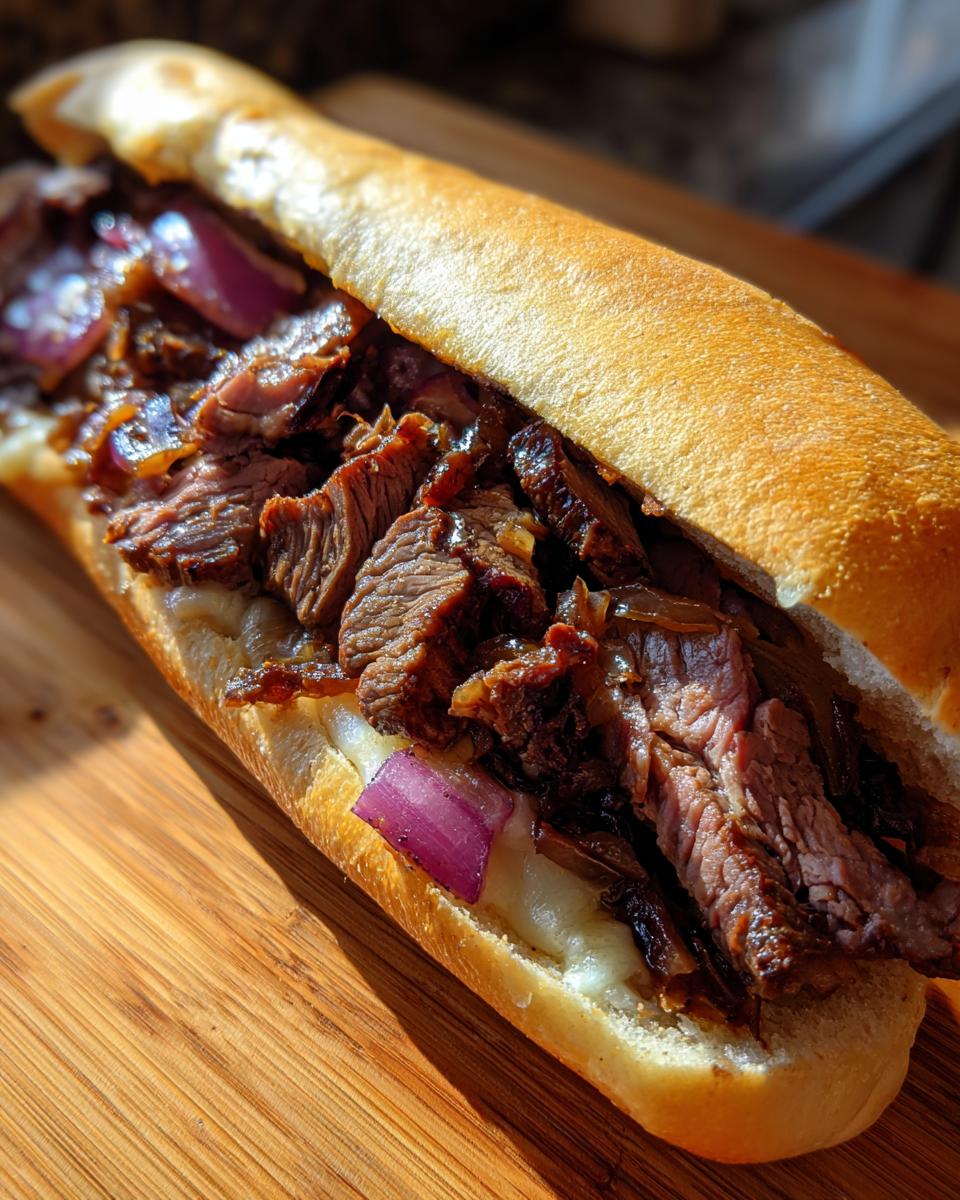 Close-up of a delicious Philly Cheesesteak sandwich filled with thinly sliced steak, melted cheese, and red onions on a toasted roll.