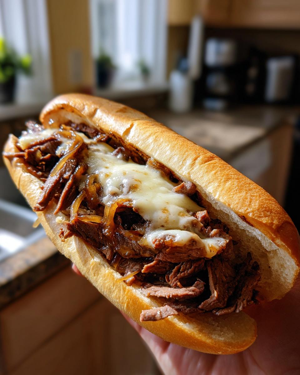 A delicious homemade Philly cheesesteak sandwich filled with thinly sliced steak, caramelized onions, and melted cheese.