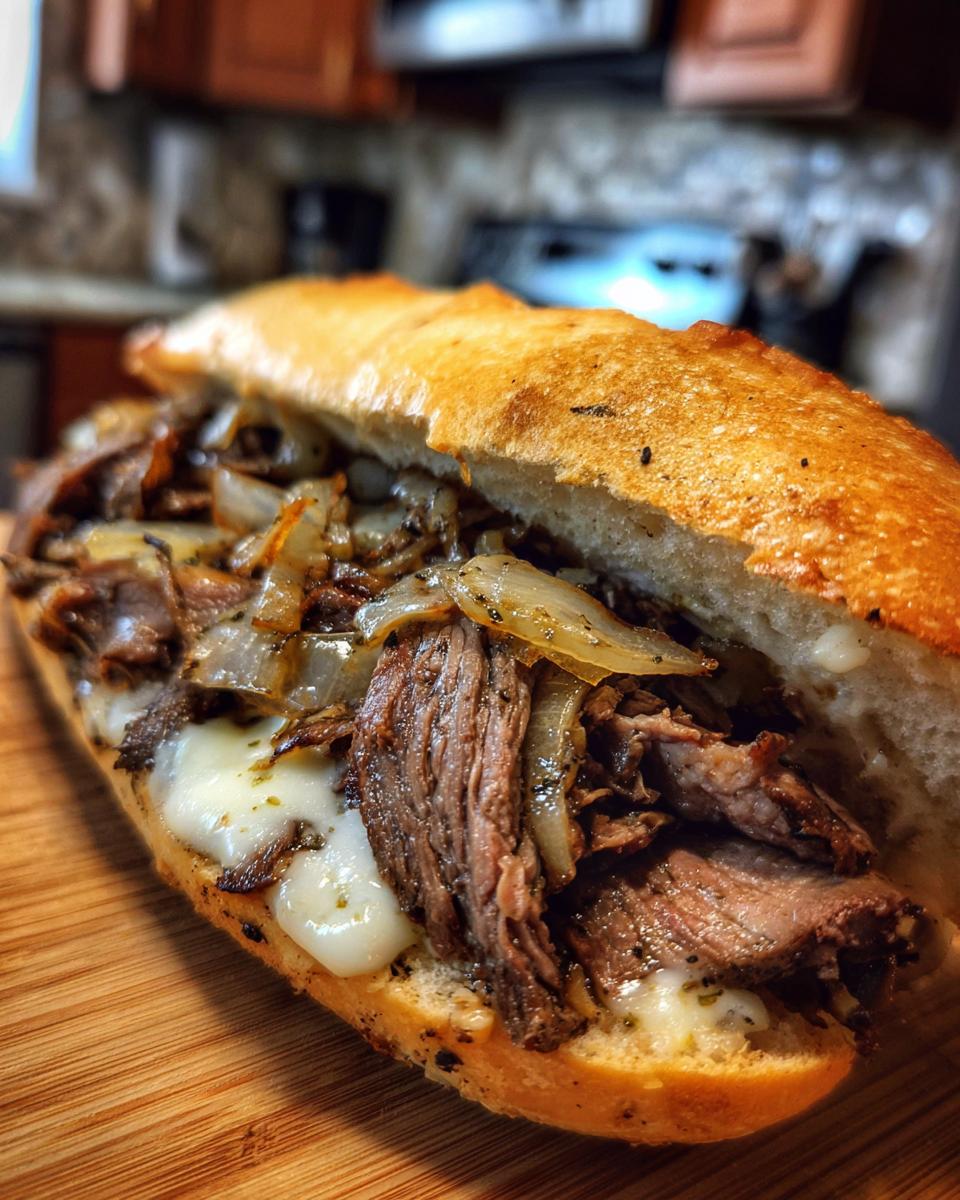 Close-up of a delicious Philly cheesesteak sandwich filled with thinly sliced steak, melted cheese, and caramelized onions on a toasted roll.