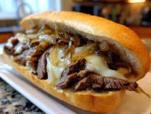 Close-up of a delicious Philly cheesesteak sandwich filled with thinly sliced steak, melted cheese, and caramelized onions on a hoagie roll.