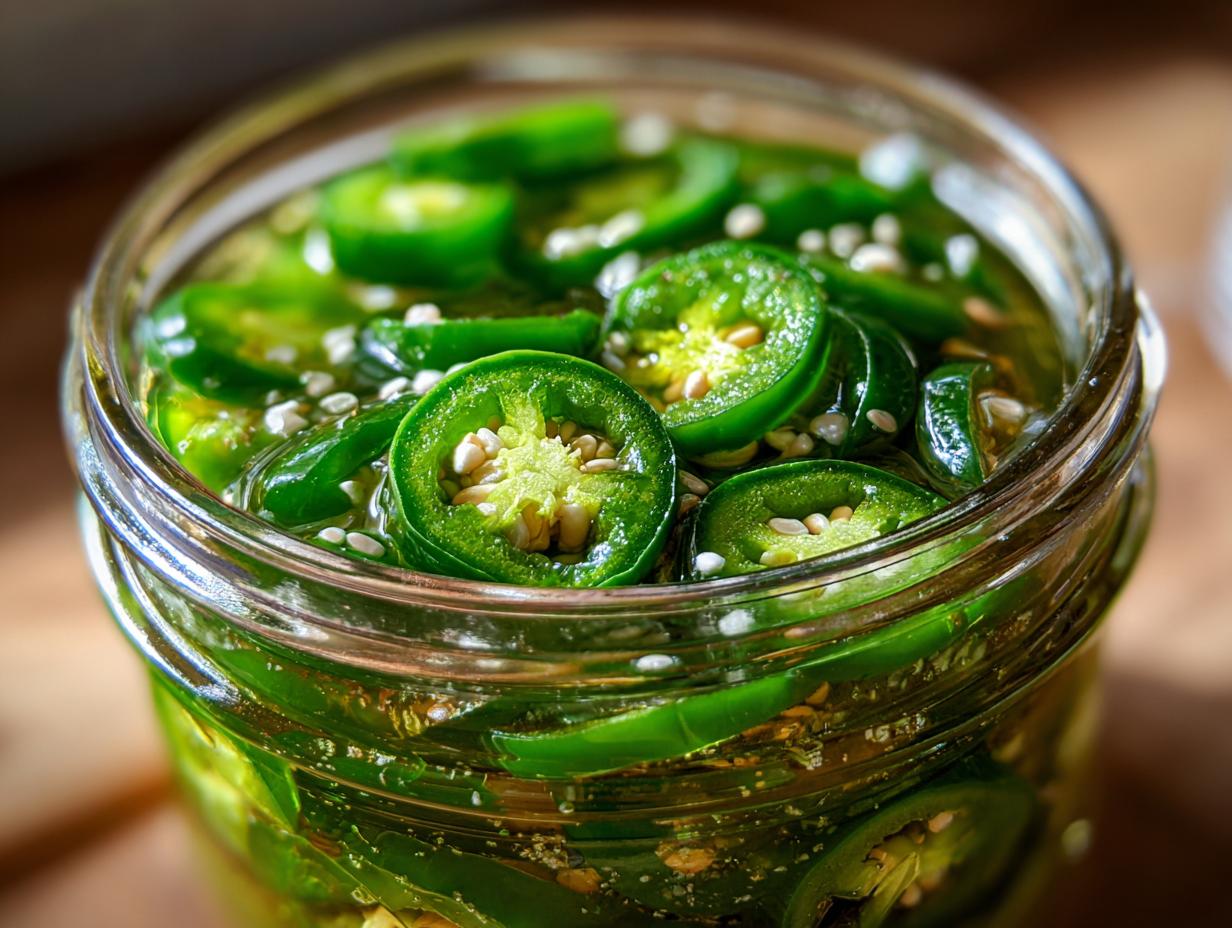 Close-up of a glass jar filled with vibrant green pickled jalapeños and sesame seeds in brine.