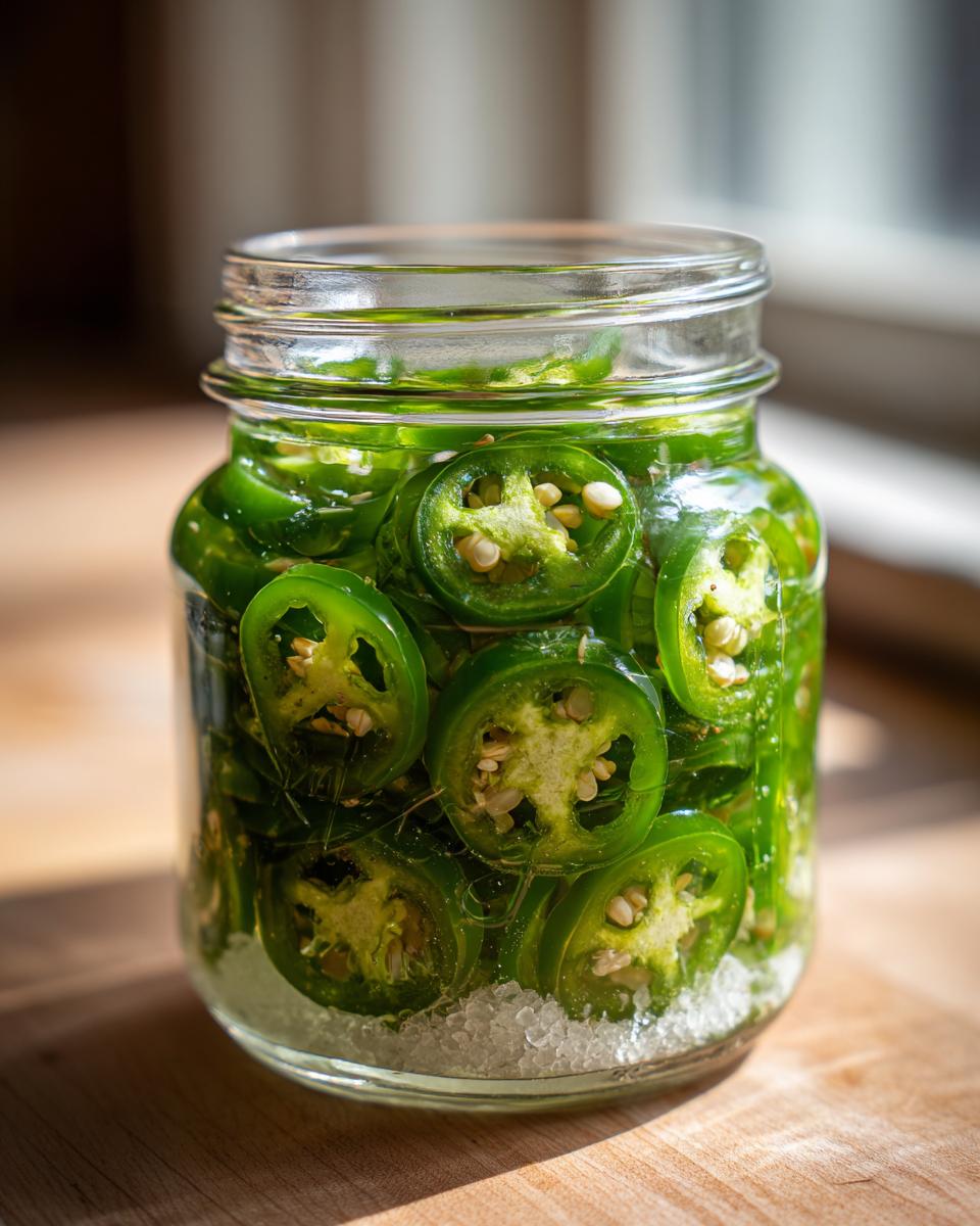 Close-up of a glass jar filled with sliced pickled jalapeños and coarse salt at the bottom.