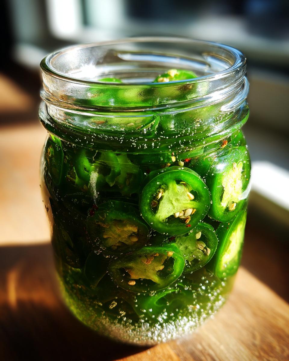 Close-up of a glass jar filled with sliced pickled jalapeños and brine, showing seeds and spice flecks.