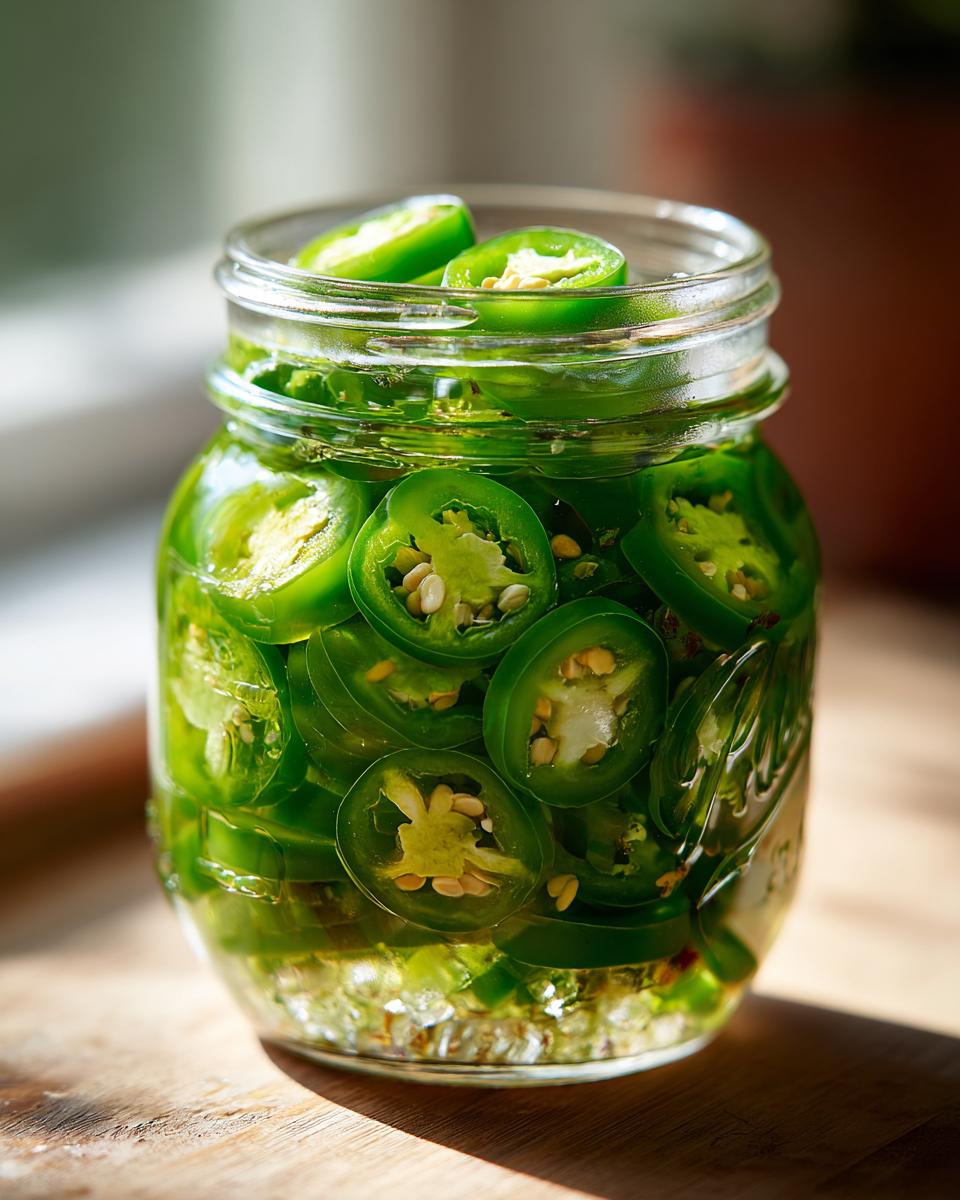 Close-up of a glass jar filled with bright green, sliced pickled jalapeños.