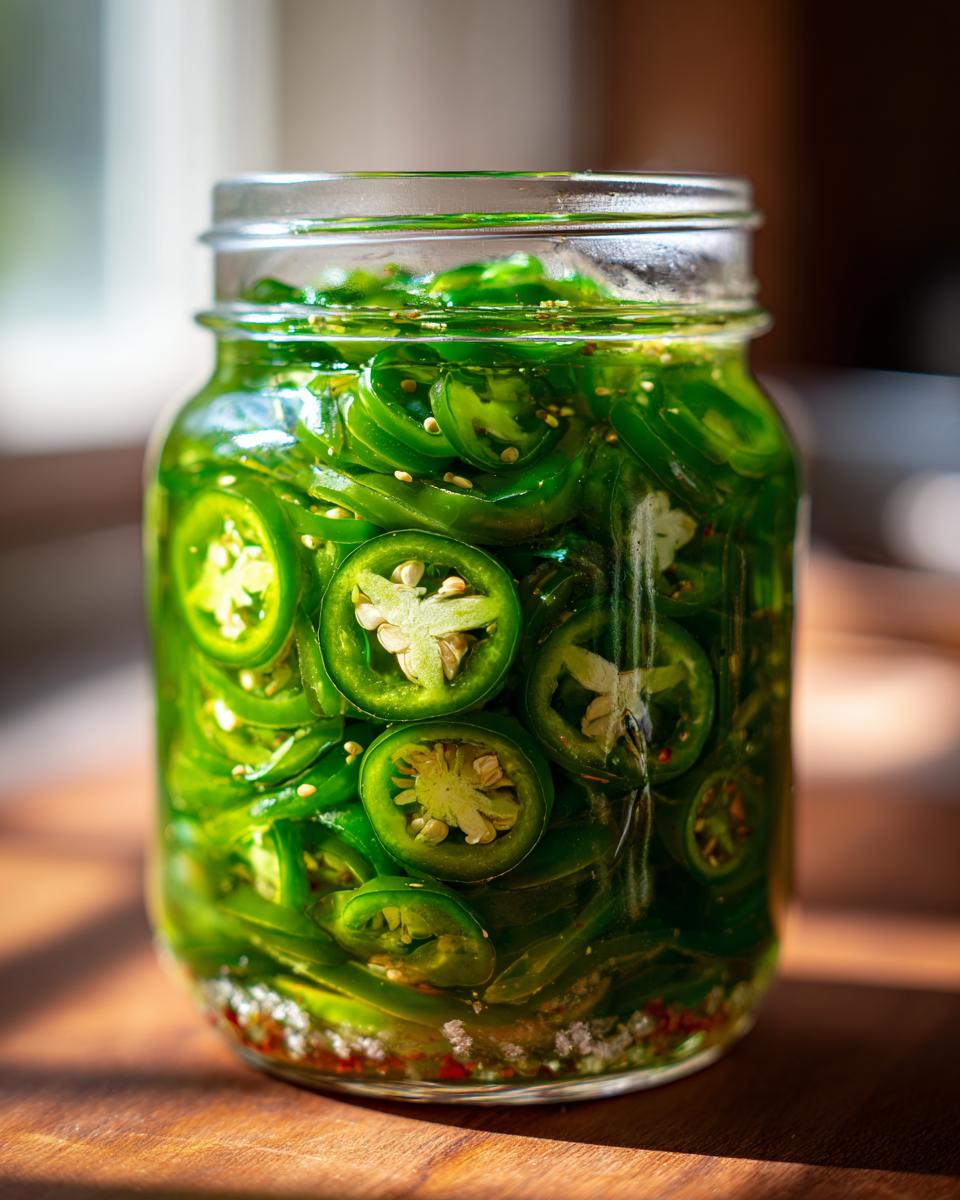 Close-up of a glass jar filled with vibrant green pickled jalapeños and brine, ready to use.