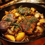 Three juicy pork chops with apples, onions, and herbs cooked in a cast-iron skillet.