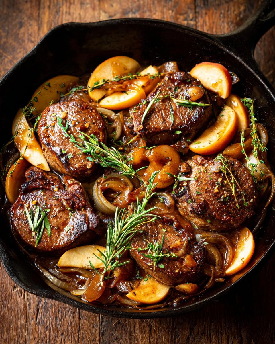 Close-up of juicy pork chops with apples and onions cooked in a cast-iron skillet, garnished with rosemary.
