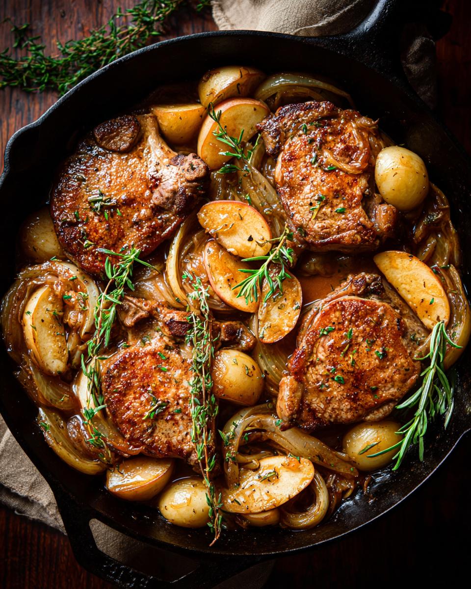 Overhead view of juicy pork chops with apples and onions cooked in a cast iron skillet, garnished with fresh herbs.