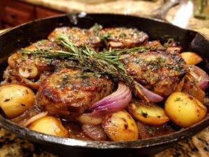 Juicy pork chops with apples, potatoes, and red onions cooked in a cast-iron skillet, garnished with rosemary.