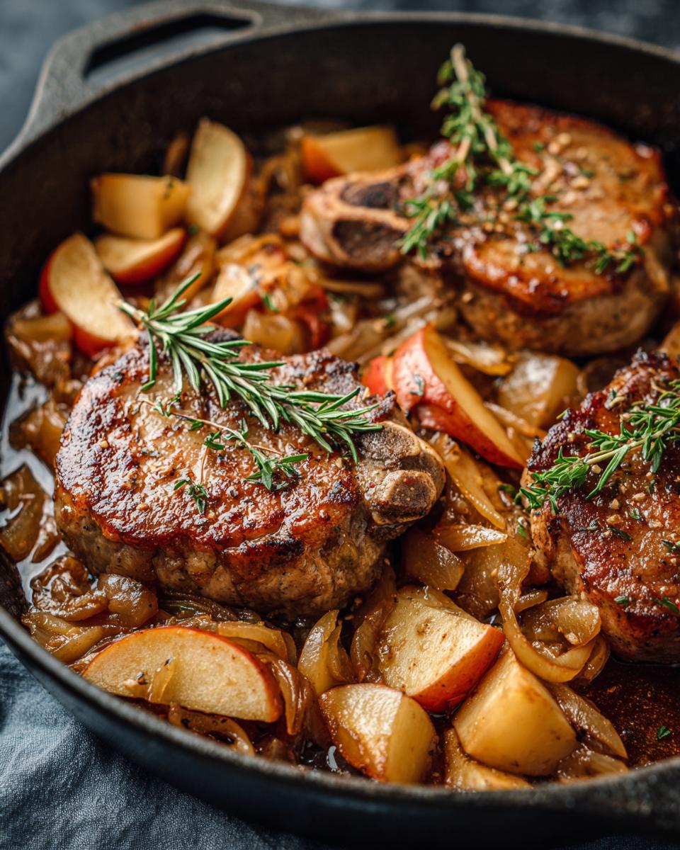 Close-up of juicy pork chops with apples and onions cooked in a cast-iron skillet, garnished with rosemary.