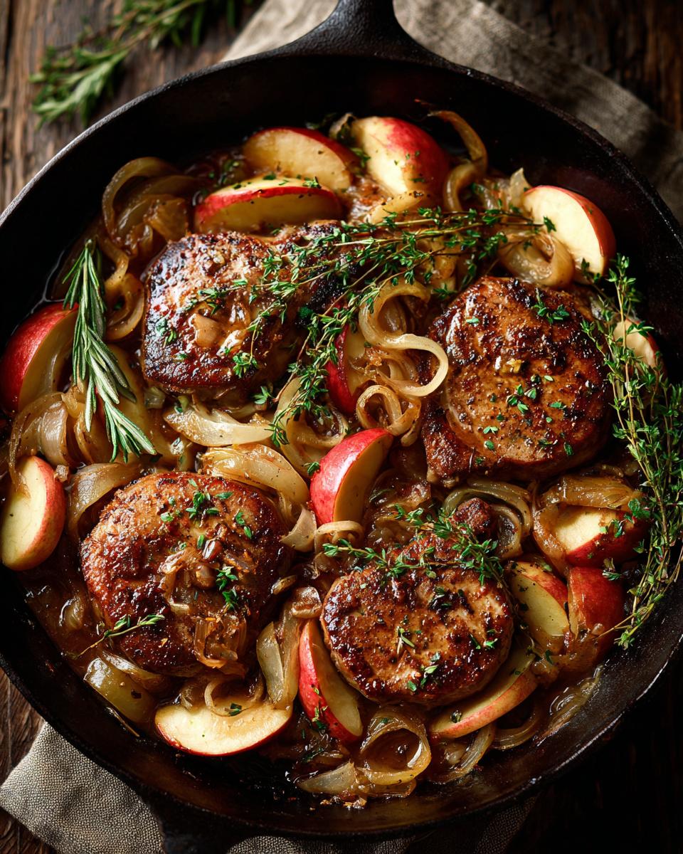 A close-up overhead view of juicy pork chops with apples and caramelized onions in a cast iron skillet, garnished with fresh thyme.