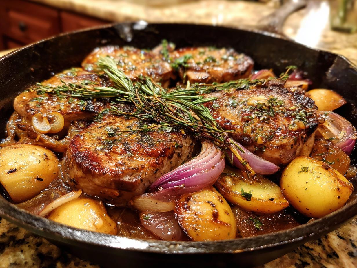 Juicy pork chops with apples, potatoes, and red onions cooked in a cast-iron skillet, garnished with rosemary.