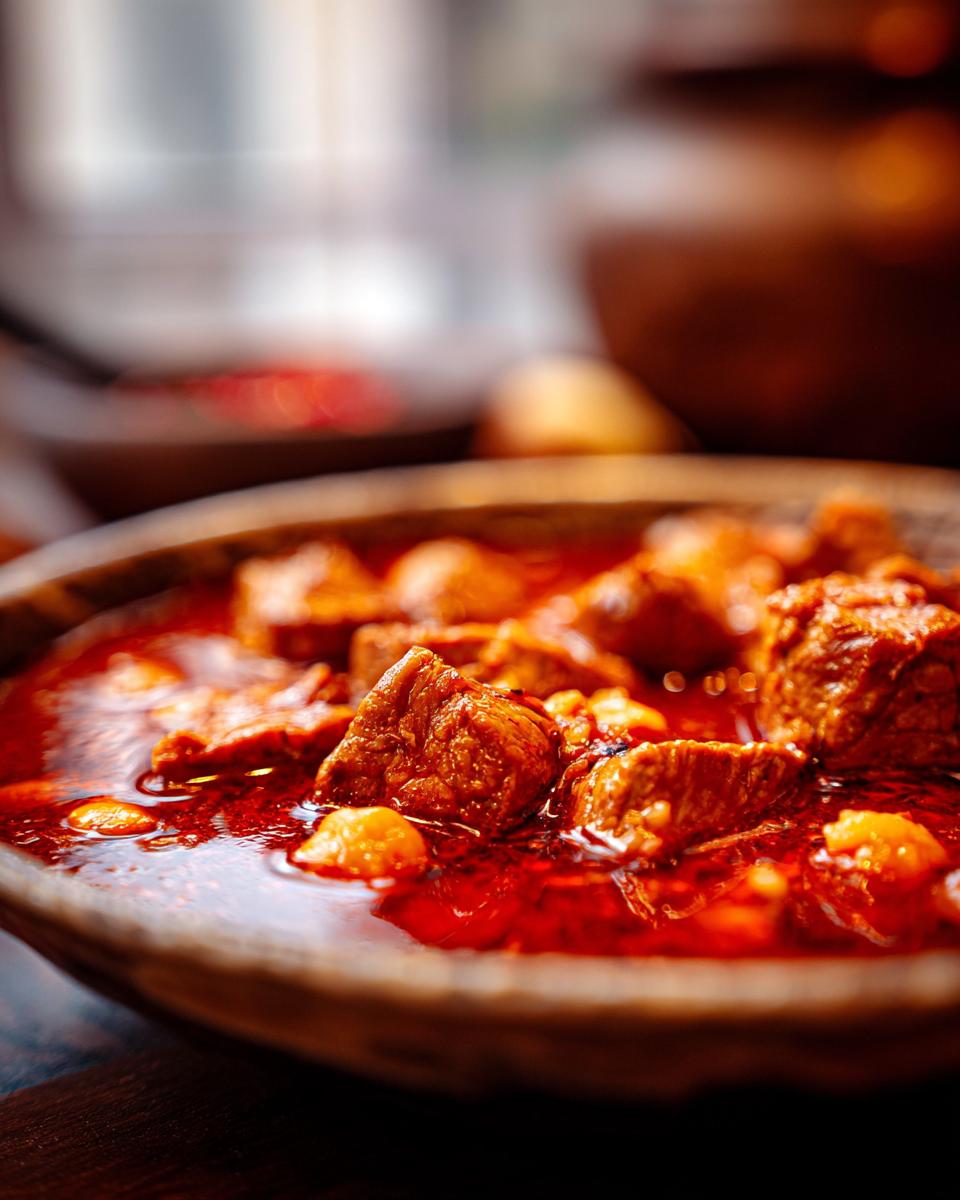 A close-up of a rustic bowl filled with rich, red pork pozole, showcasing tender chunks of pork and hominy.
