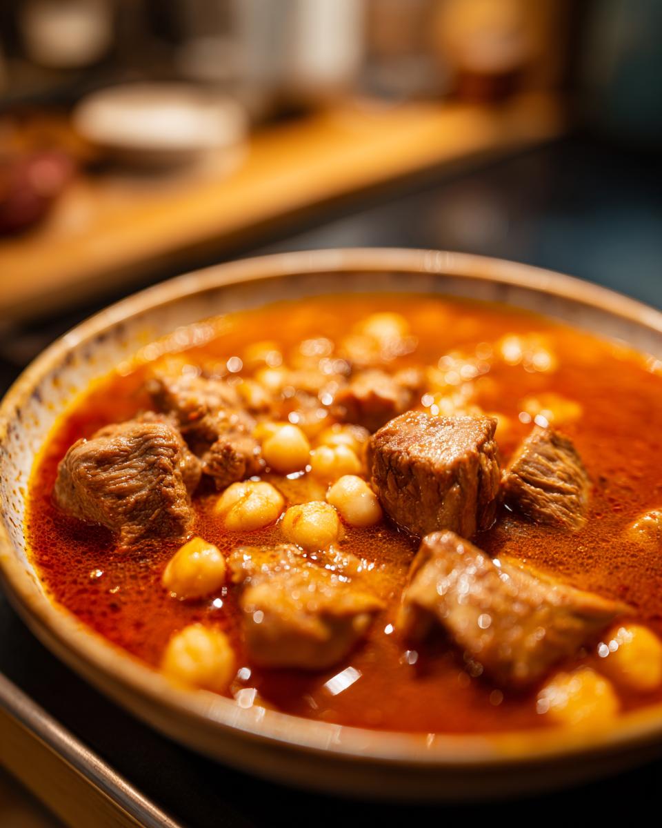 A close-up of a steaming bowl of pork pozole, featuring tender chunks of pork and hominy in a rich red broth.
