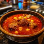 A close-up of a rustic bowl filled with rich, red pork pozole, featuring tender chunks of pork and hominy.
