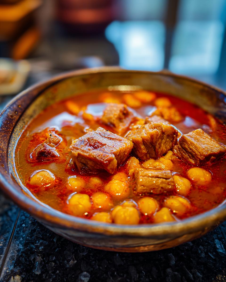 A close-up of a rustic bowl filled with rich, red broth, tender chunks of pork pozole, and hominy.