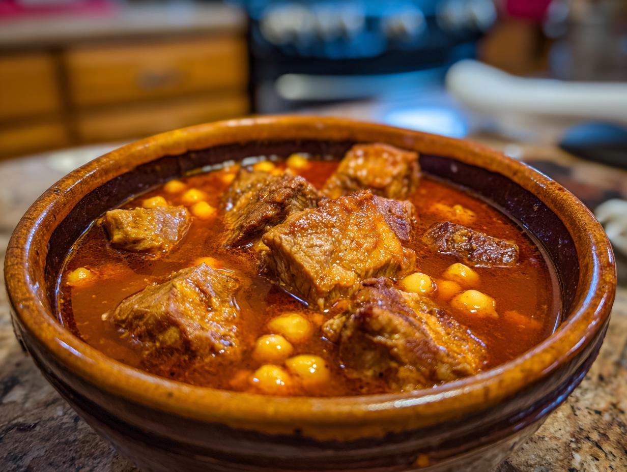 A close-up of a rustic bowl filled with tender chunks of pork pozole in a rich red broth with hominy.