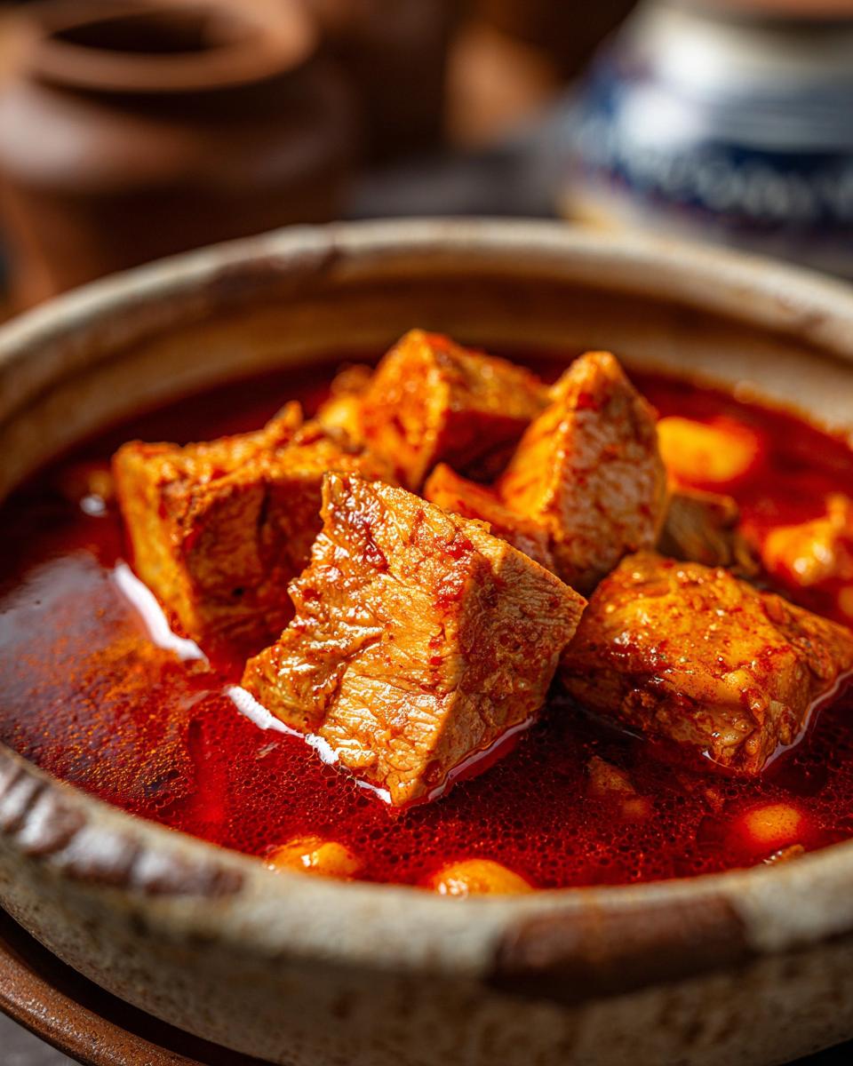 Close-up of hearty chunks of tender pork pozole in a vibrant red broth, ready to be served.