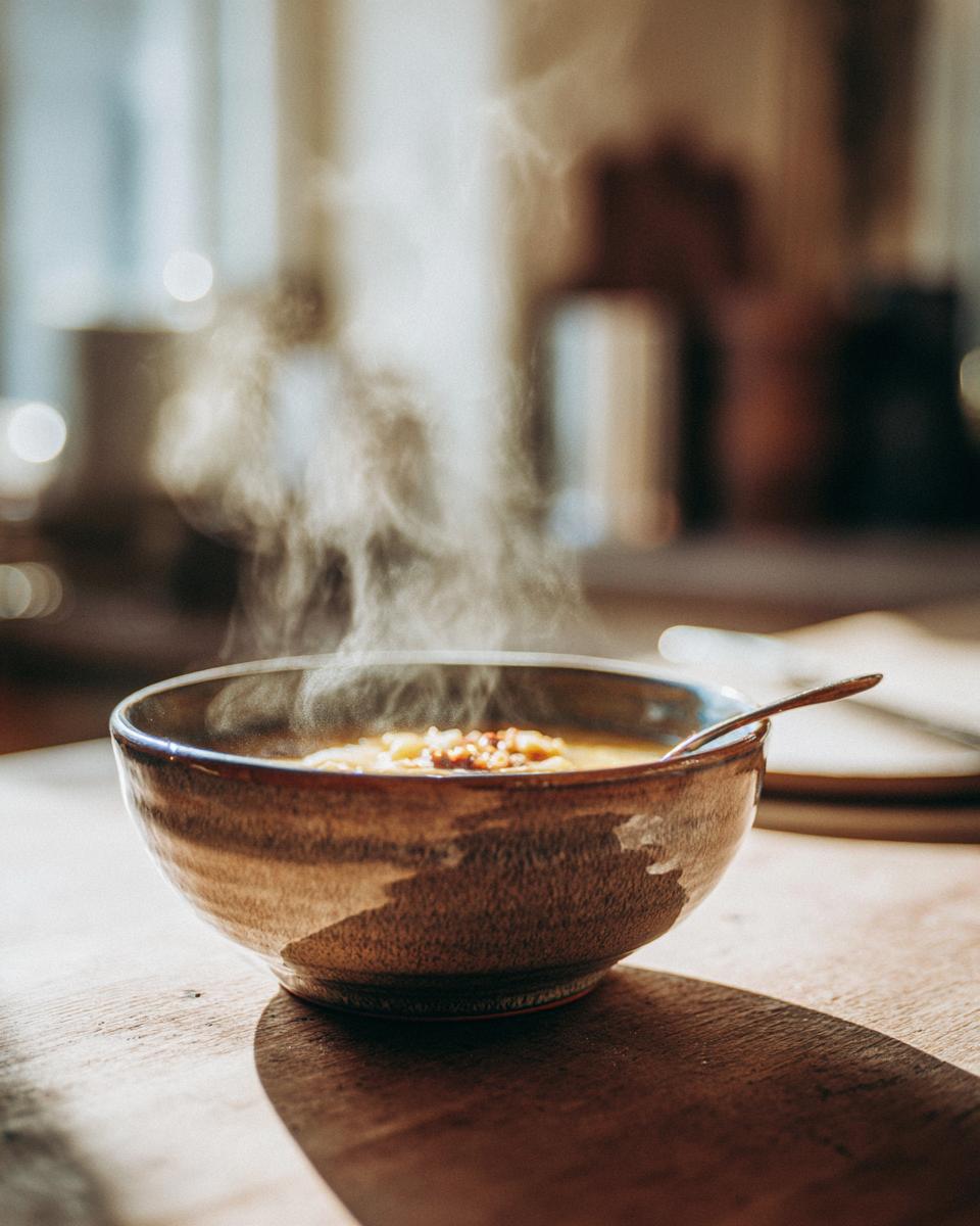 A rustic bowl filled with steaming hot potato soup, topped with crunchy bits, ready to be enjoyed.