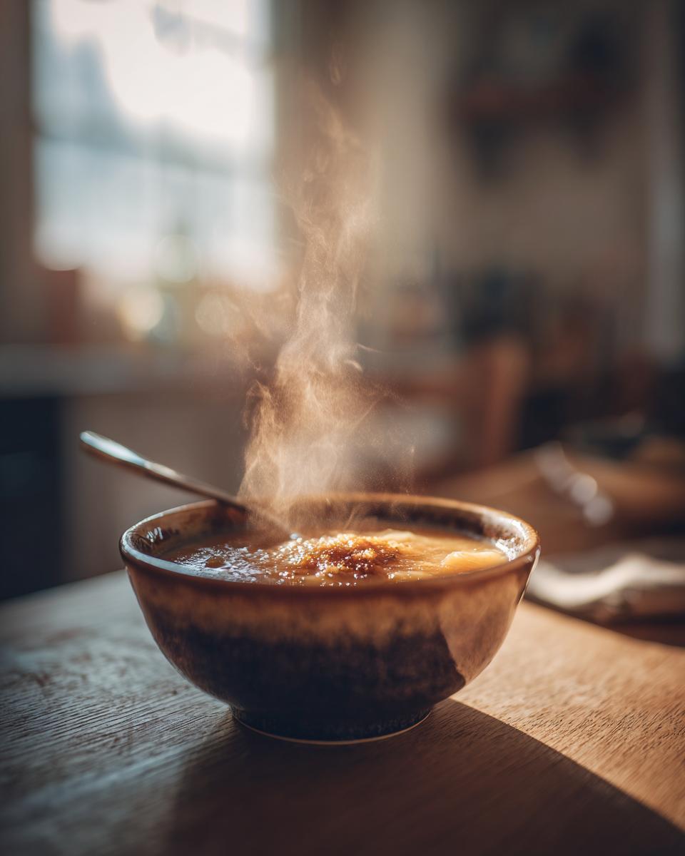 A close-up shot of a steaming bowl of delicious potato soup, with a spoon resting inside.