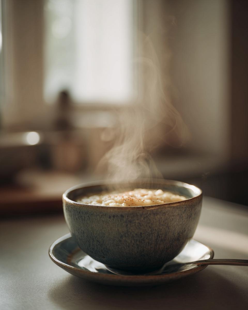 A close-up of a steaming bowl of creamy potato soup, garnished with a sprinkle of spices.