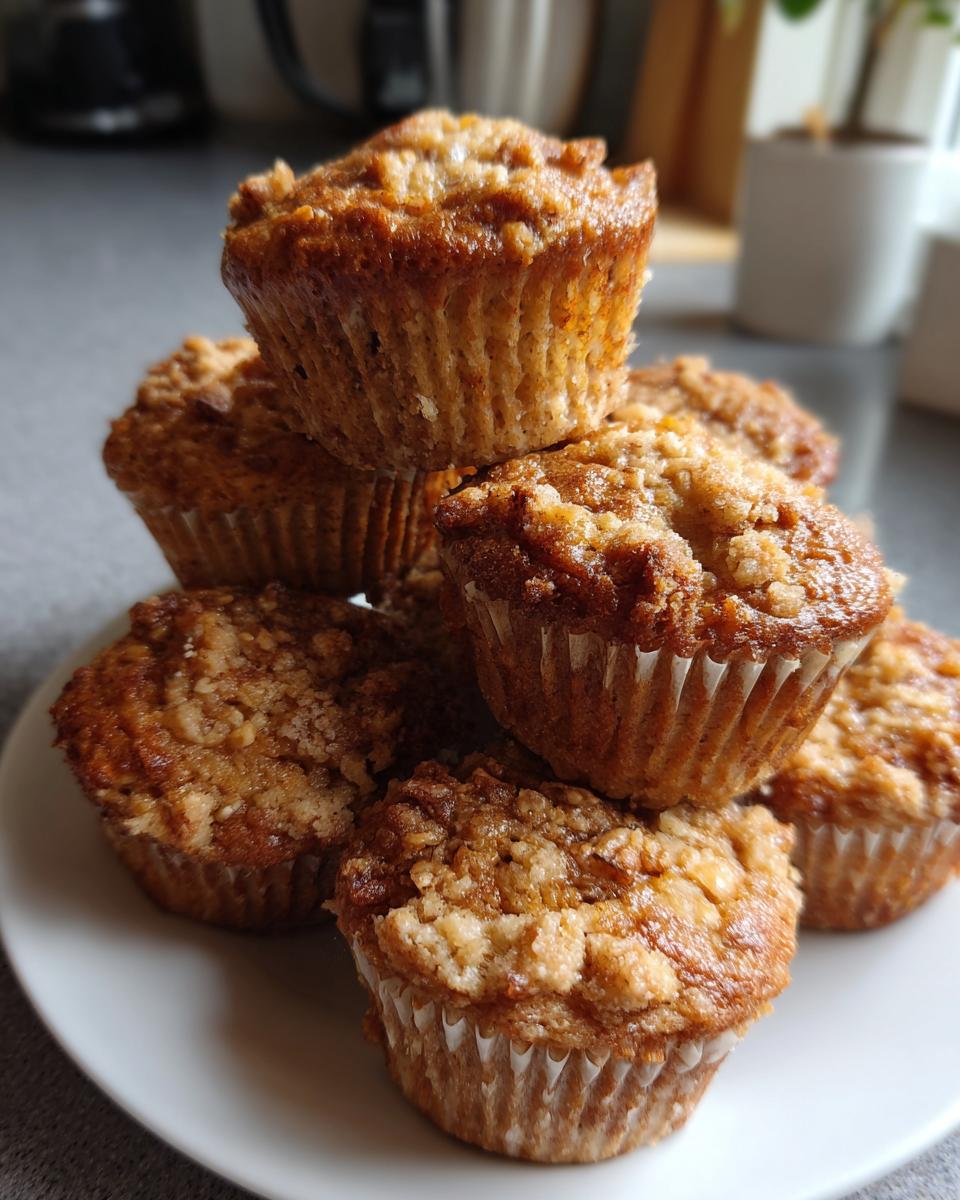 A stack of delicious protein muffins with a golden-brown crumble topping on a white plate.