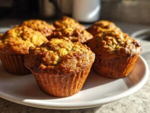 A plate of freshly baked protein muffins, golden brown and ready to eat.