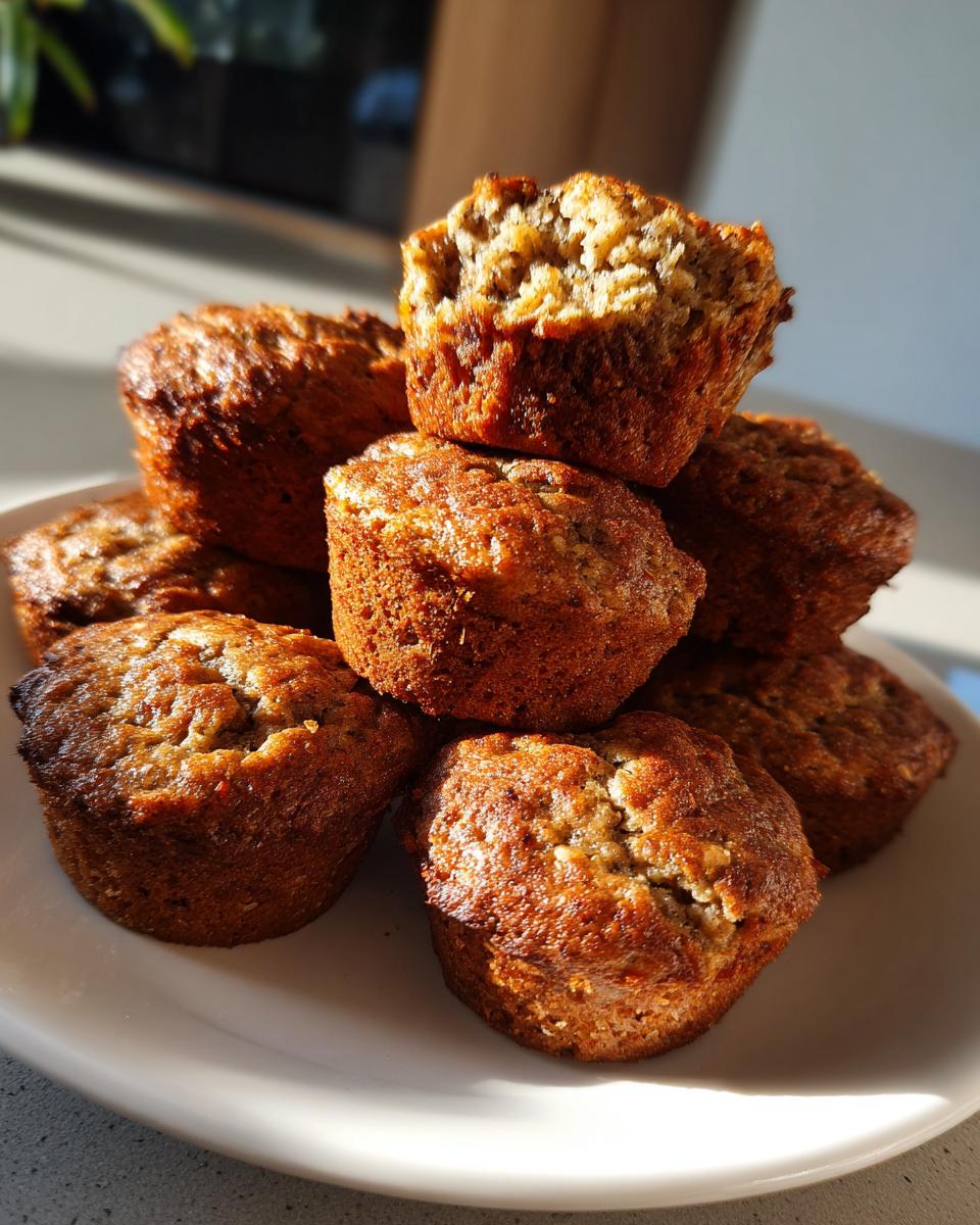 A stack of golden-brown protein muffins on a white plate, with a close-up view of their textured tops.