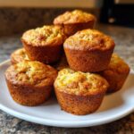 A stack of golden-brown protein muffins on a white plate, showcasing their delicious texture.