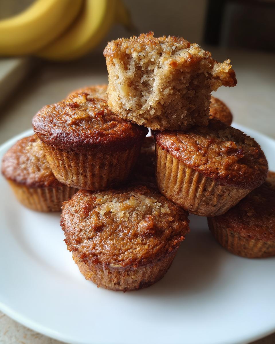 A stack of golden-brown protein muffins on a white plate, with one muffin on top showing a bite taken out.