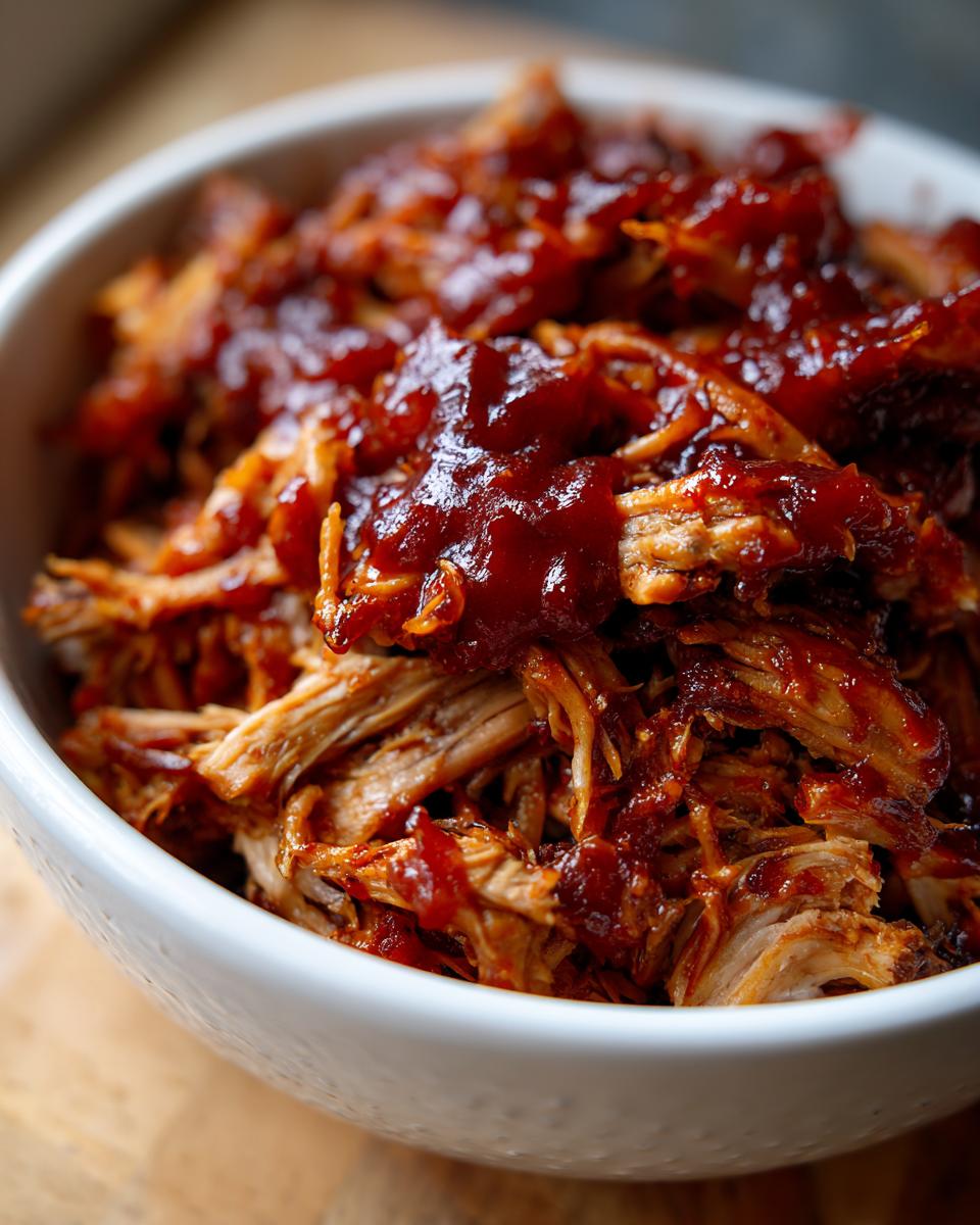 Close-up of tender pulled pork coated in rich BBQ sauce in a white bowl.