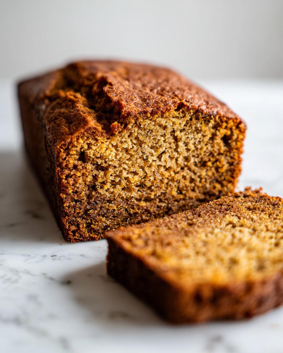 A close-up of a moist pumpkin banana bread loaf with one slice cut and placed in front.