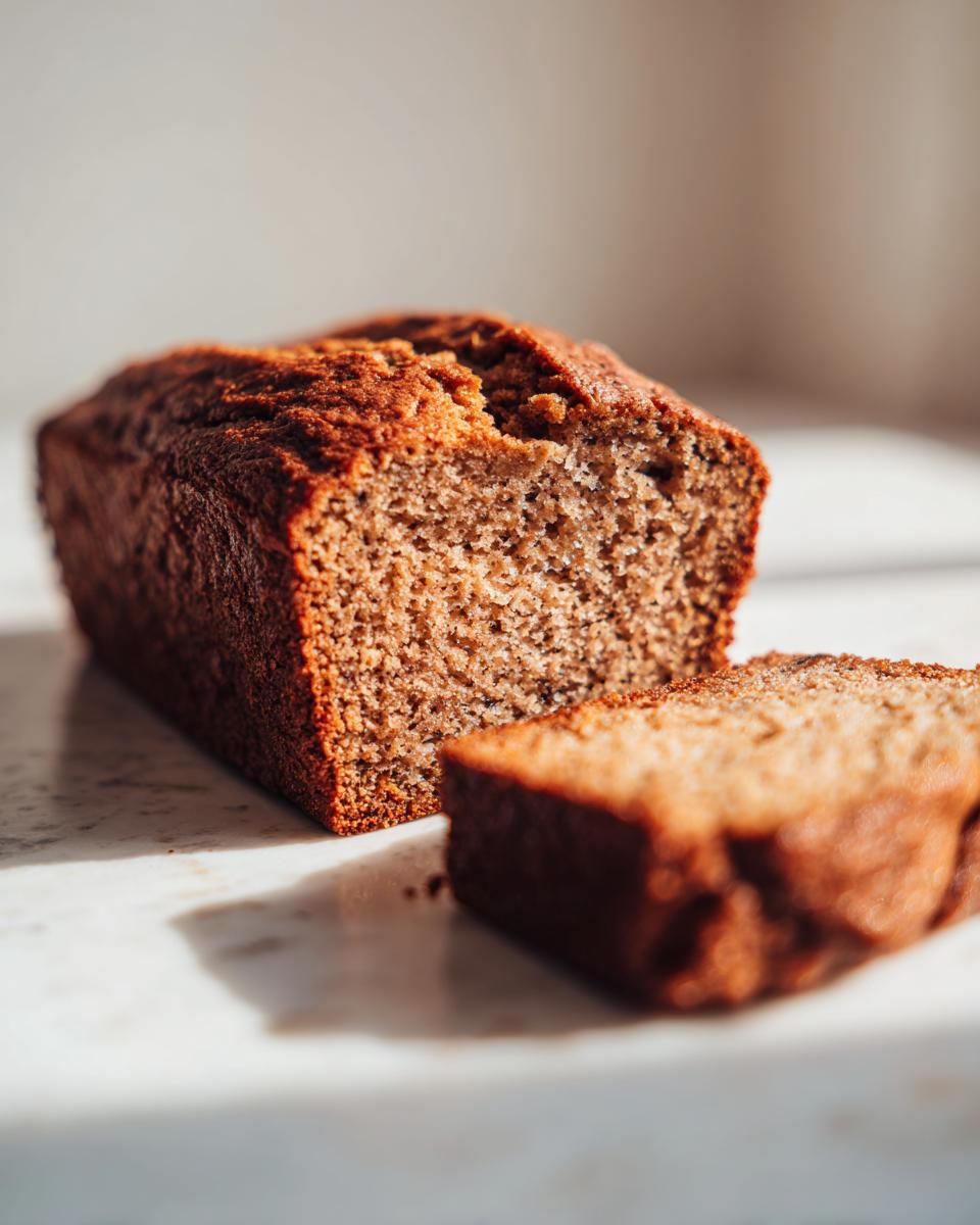 A close-up of a moist pumpkin banana bread loaf with a slice cut and placed in front.