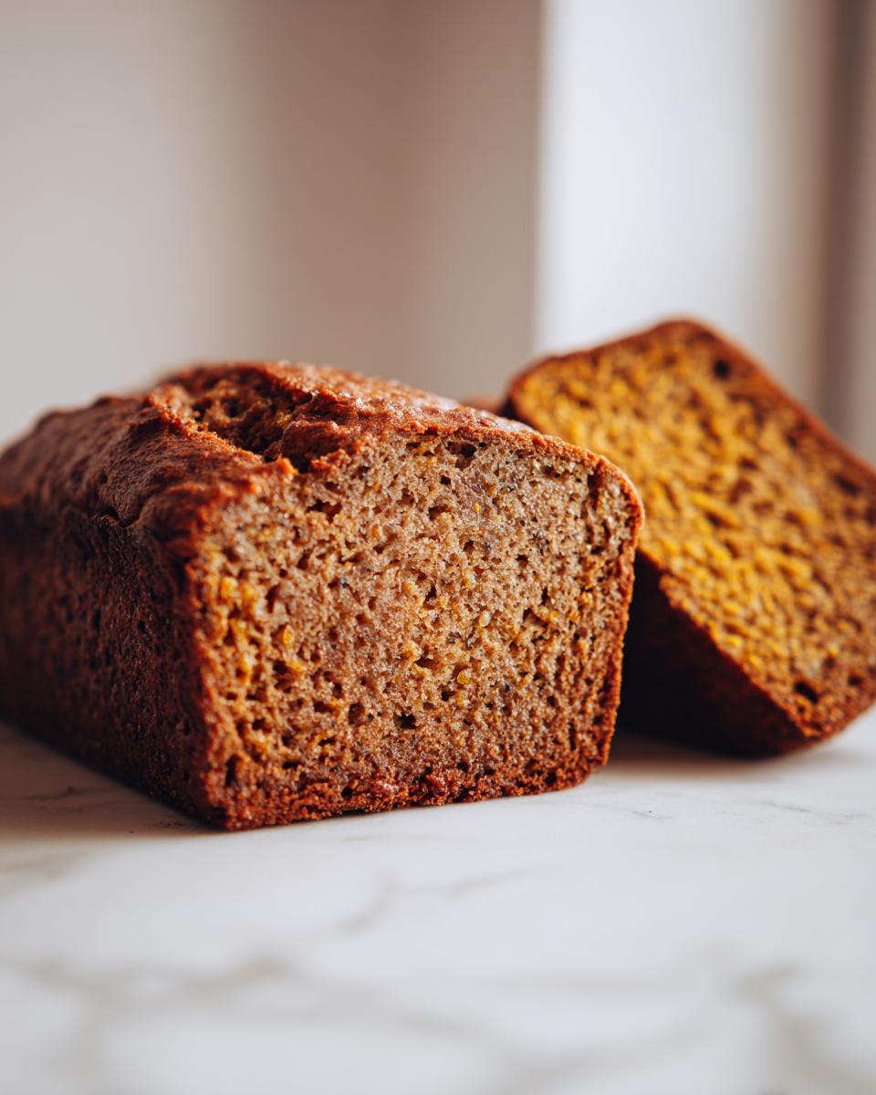 Close-up of a moist pumpkin banana bread loaf with a slice cut, showing the tender crumb and rich color.