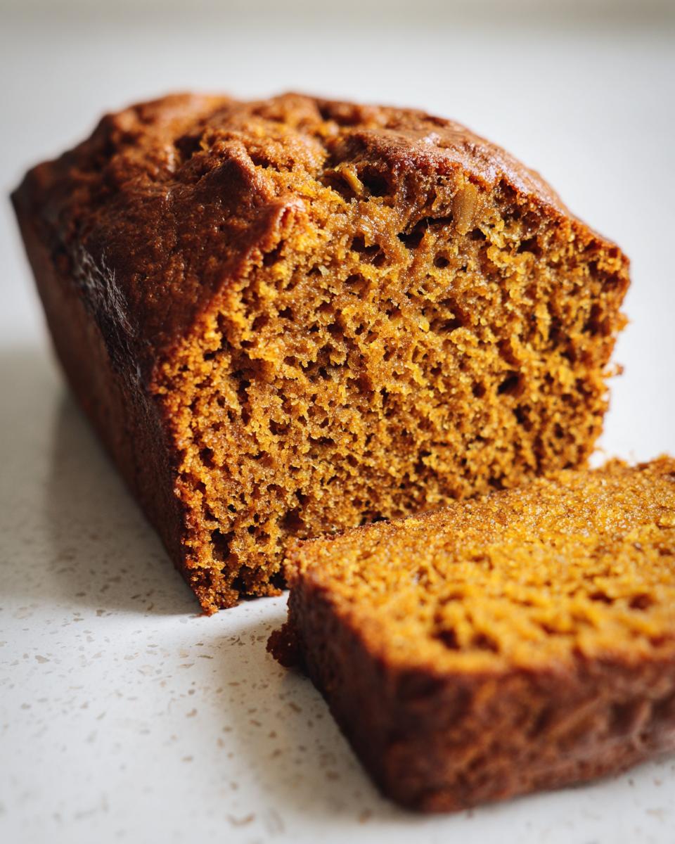 A close-up of a slice of moist pumpkin banana bread, showing its tender crumb and rich color.