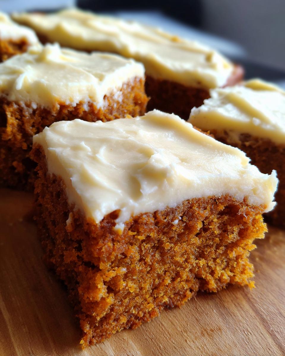 Close-up of moist pumpkin bars topped with thick, creamy frosting.