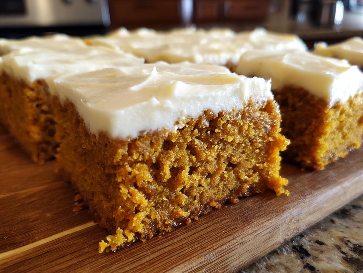 Close-up of freshly cut pumpkin bars topped with thick, creamy frosting on a wooden cutting board.