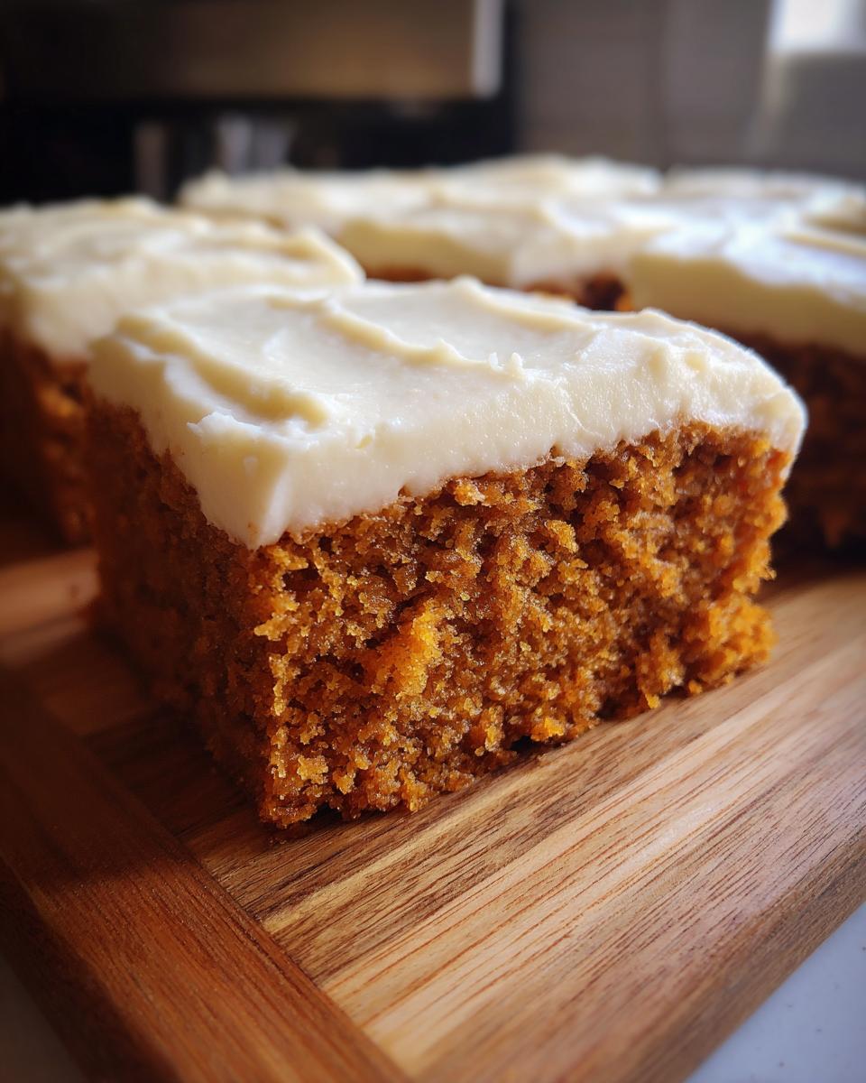 Close-up of a moist pumpkin bar topped with thick, creamy frosting on a wooden board.