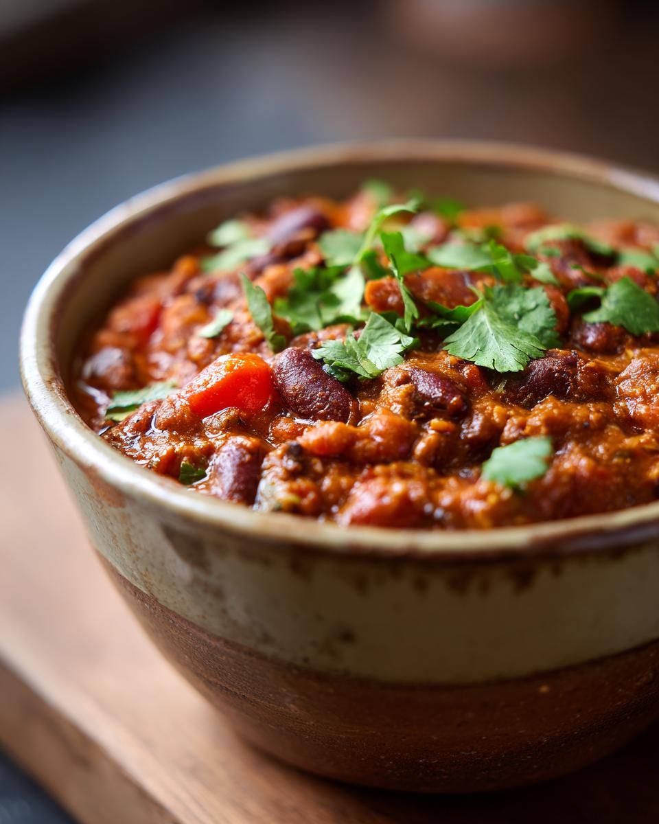 Close-up of a rustic bowl filled with delicious pumpkin chili, garnished with fresh cilantro.