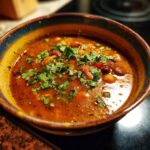 A close-up of a rustic bowl filled with hearty pumpkin chili, garnished with fresh cilantro.