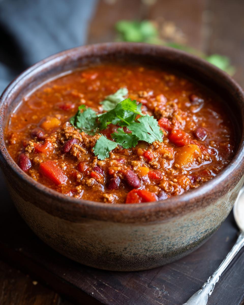 A close-up of a rustic bowl filled with hearty pumpkin chili, garnished with fresh cilantro.