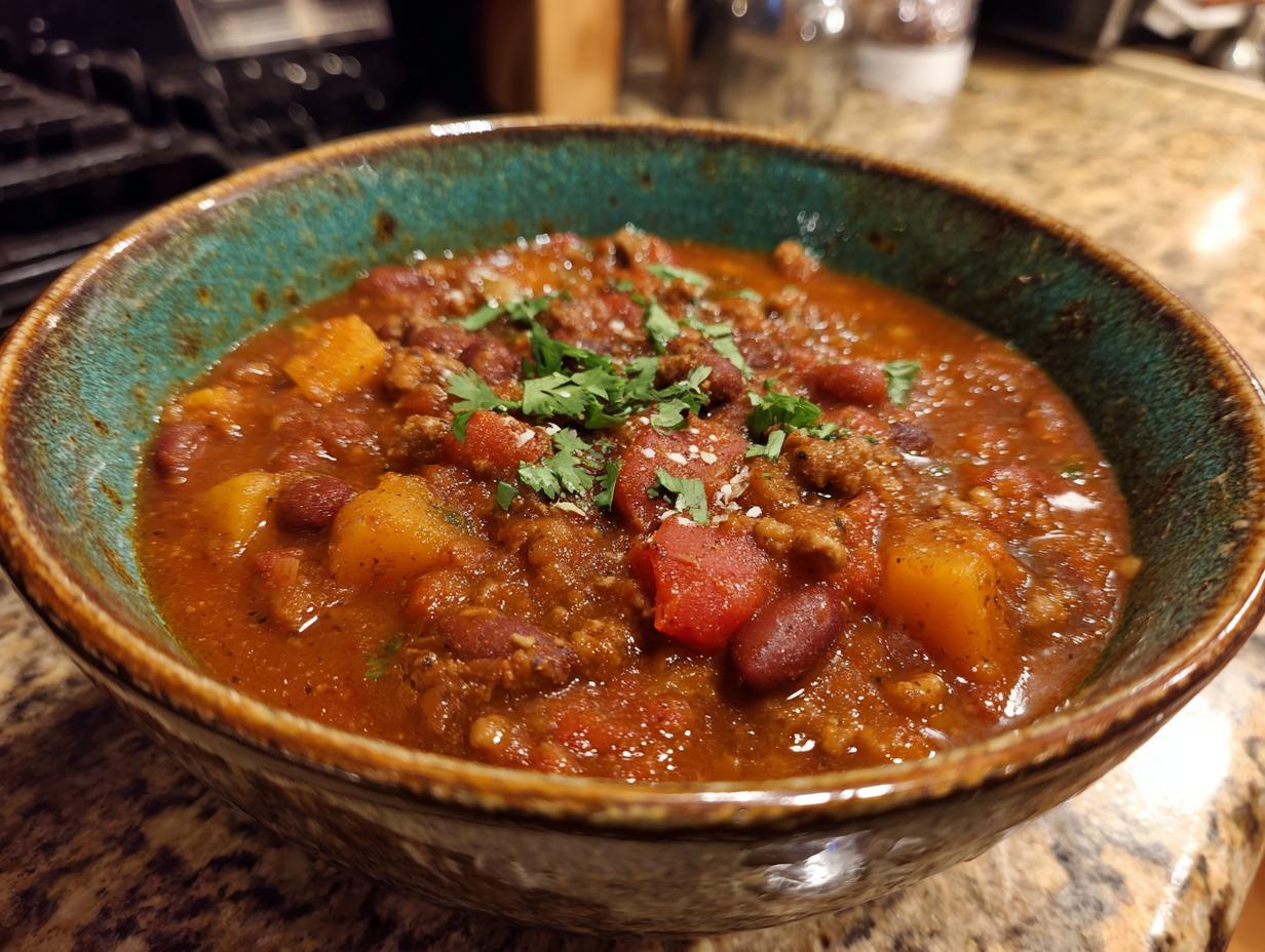 A close-up of a rustic bowl filled with hearty pumpkin chili, showing beans, chunks of pumpkin, and ground meat, garnished with cilantro.