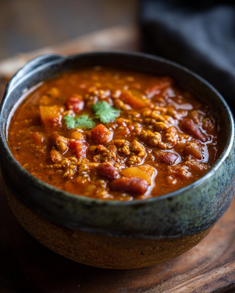 A close-up of a rustic bowl filled with hearty pumpkin chili, showing ground meat, beans, and chunks of pumpkin.