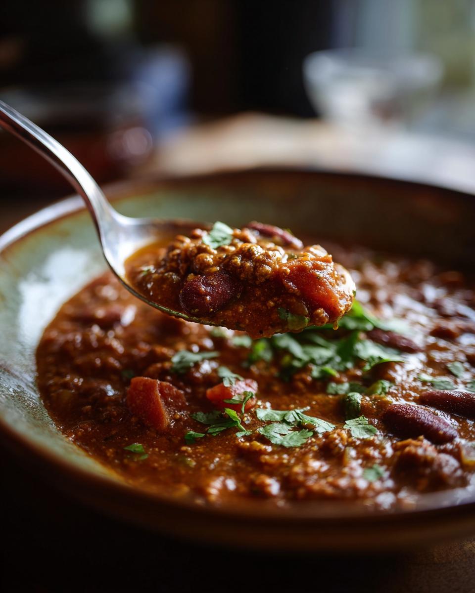 A spoonful of rich and hearty pumpkin chili, garnished with fresh cilantro, showing beans and ground meat.