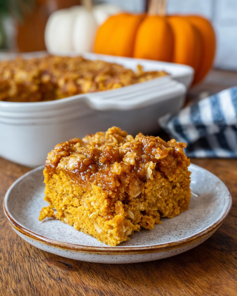 A slice of moist Pumpkin Oatmeal Dump Cake with a gooey topping, served on a plate.