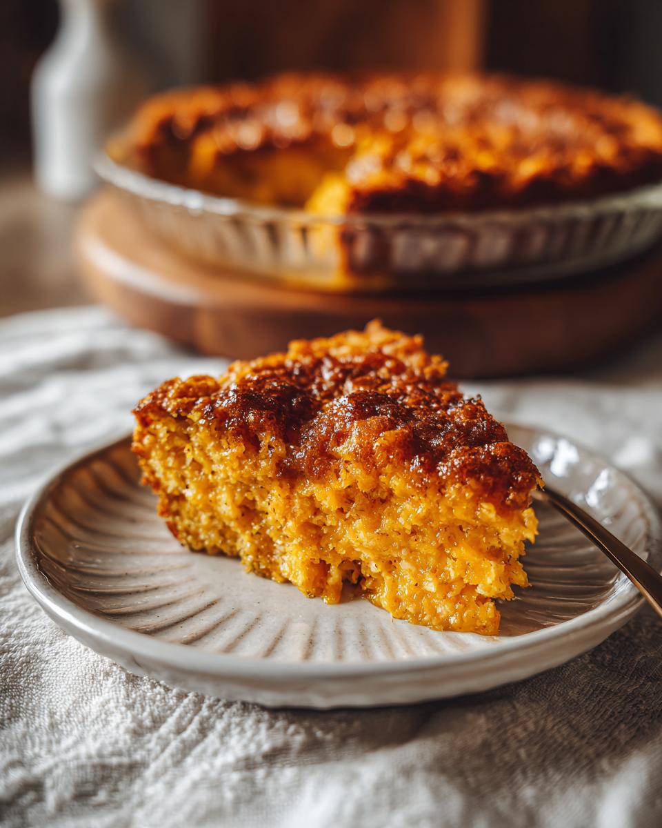 A slice of moist pumpkin oatmeal dump cake with a caramelized topping on a plate.