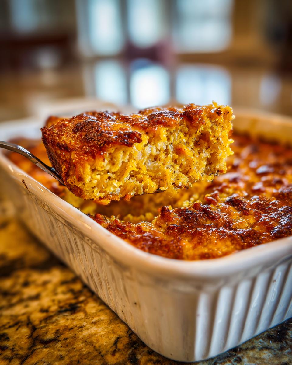 A fork lifts a slice of moist Pumpkin Oatmeal Dump Cake from a white baking dish.
