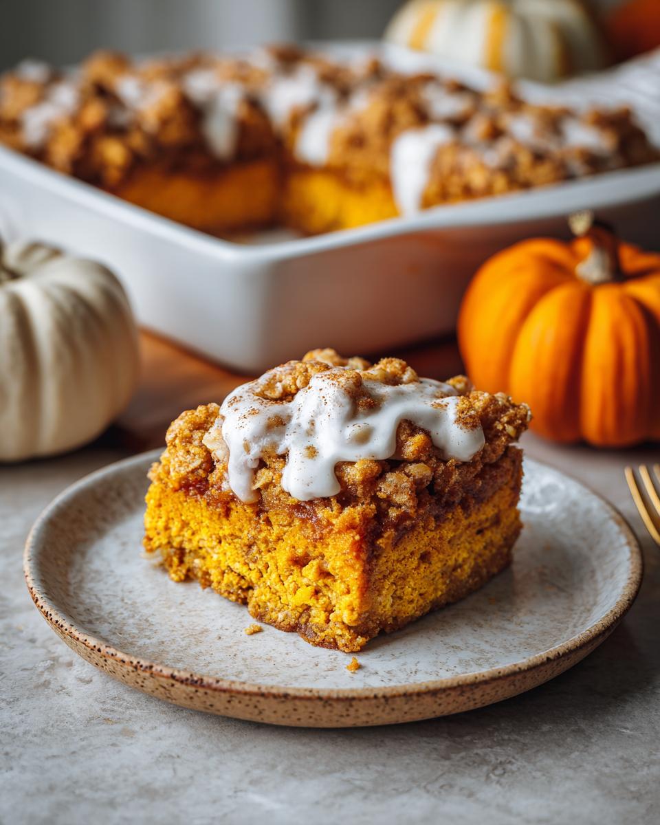 A slice of moist pumpkin oatmeal dump cake topped with crumble and a white glaze, served on a plate.