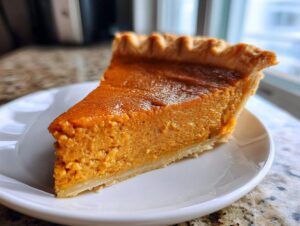 A perfect slice of homemade pumpkin pie on a white plate, showcasing its rich orange filling and flaky crust.