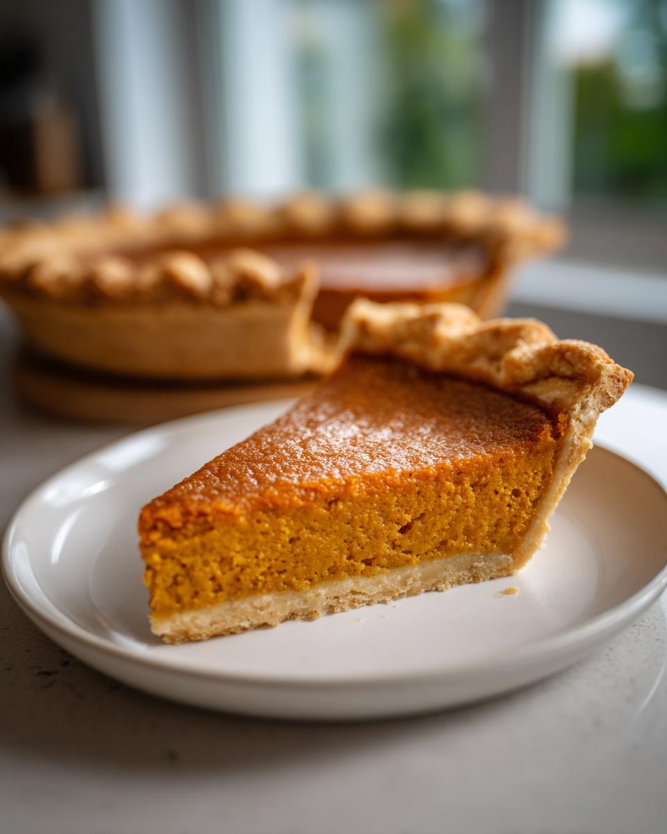 A close-up of a slice of pumpkin pie on a white plate, with the rest of the pie in the background.